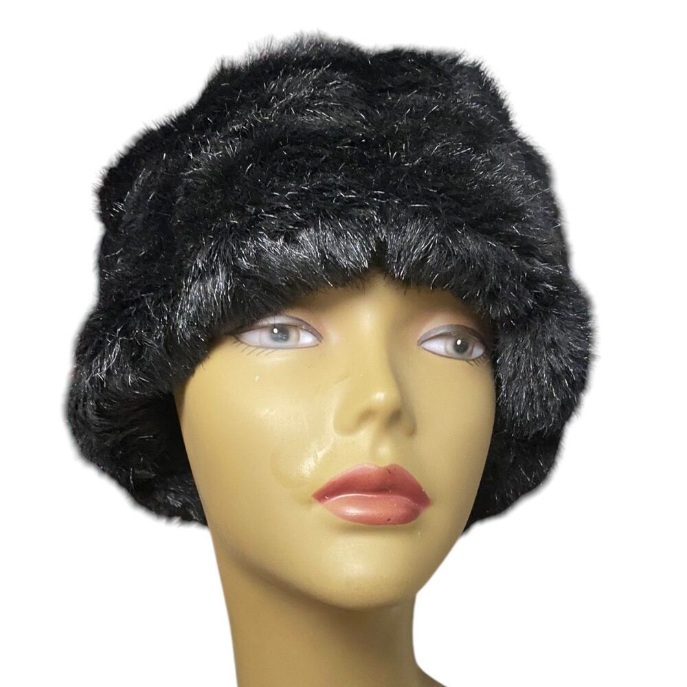 Vintage Black Faux Fur Pillbox Cossack Hat Size 7.5 Winter Glam Quiet Luxury